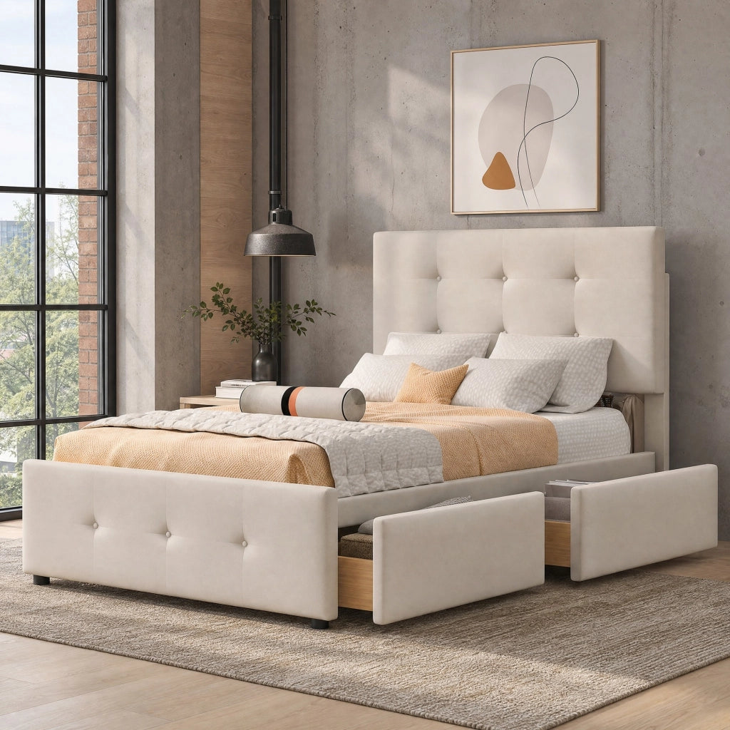 Letto singolo imbottito 90 ¡Á 200 cm con rete a doghe e cassetto in velluto beige con testiera