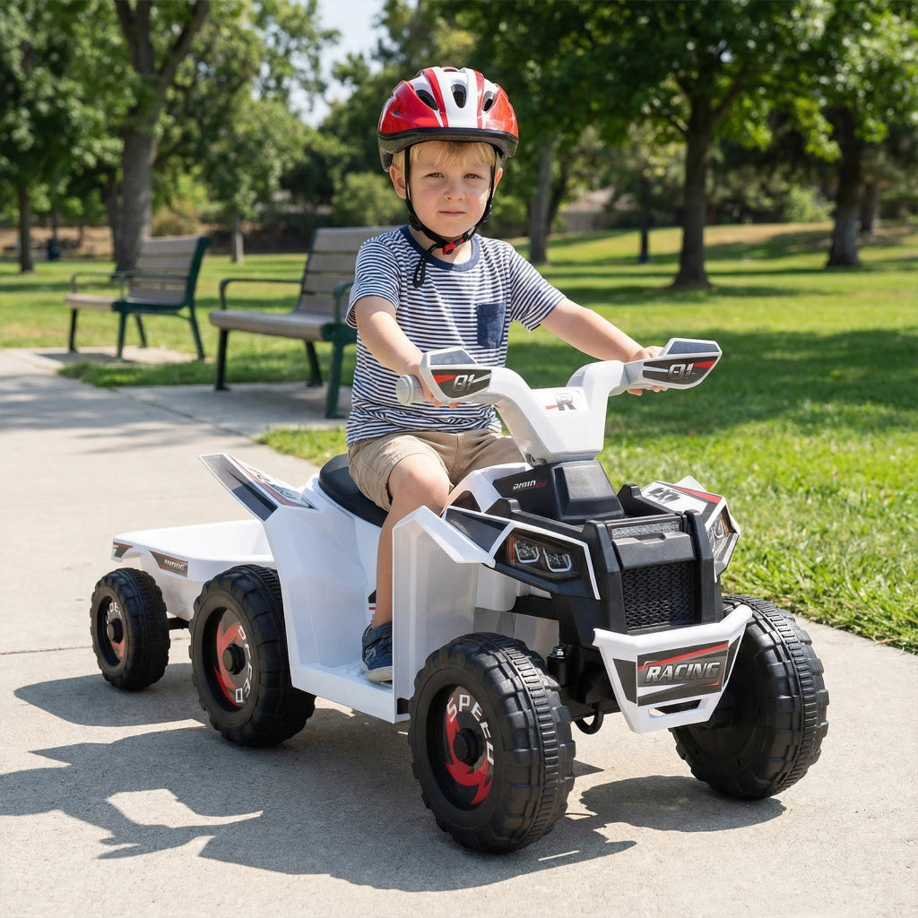 Quad atv elettrico bambini rimorchio posteriore ruote antiusura motore-Quad giocattolo interruttore un tocco veicolo per bambini 3+ anni Bianco