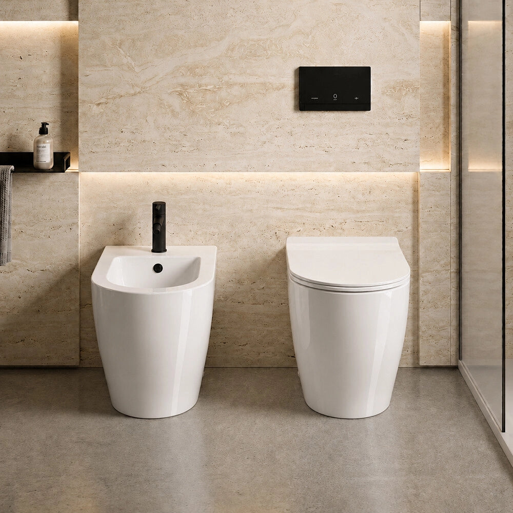 Set sanitari filomuro salvaspazio P. 50 cm bianco con scarico a vortice e copriwc Round Dolomite
