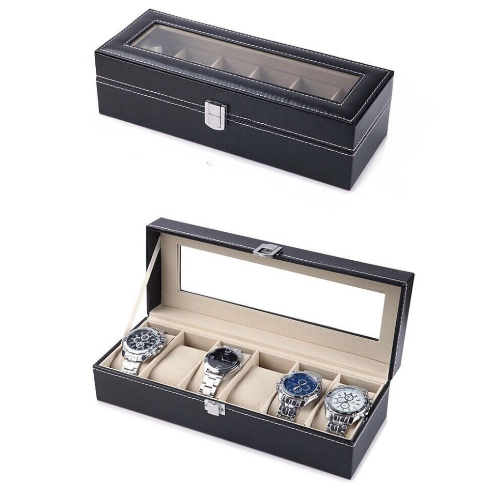 Trade Shop - Scatola Porta Orologi 6 Posti Con Vetro Custodia Elegante Effetto Pelle Nero -