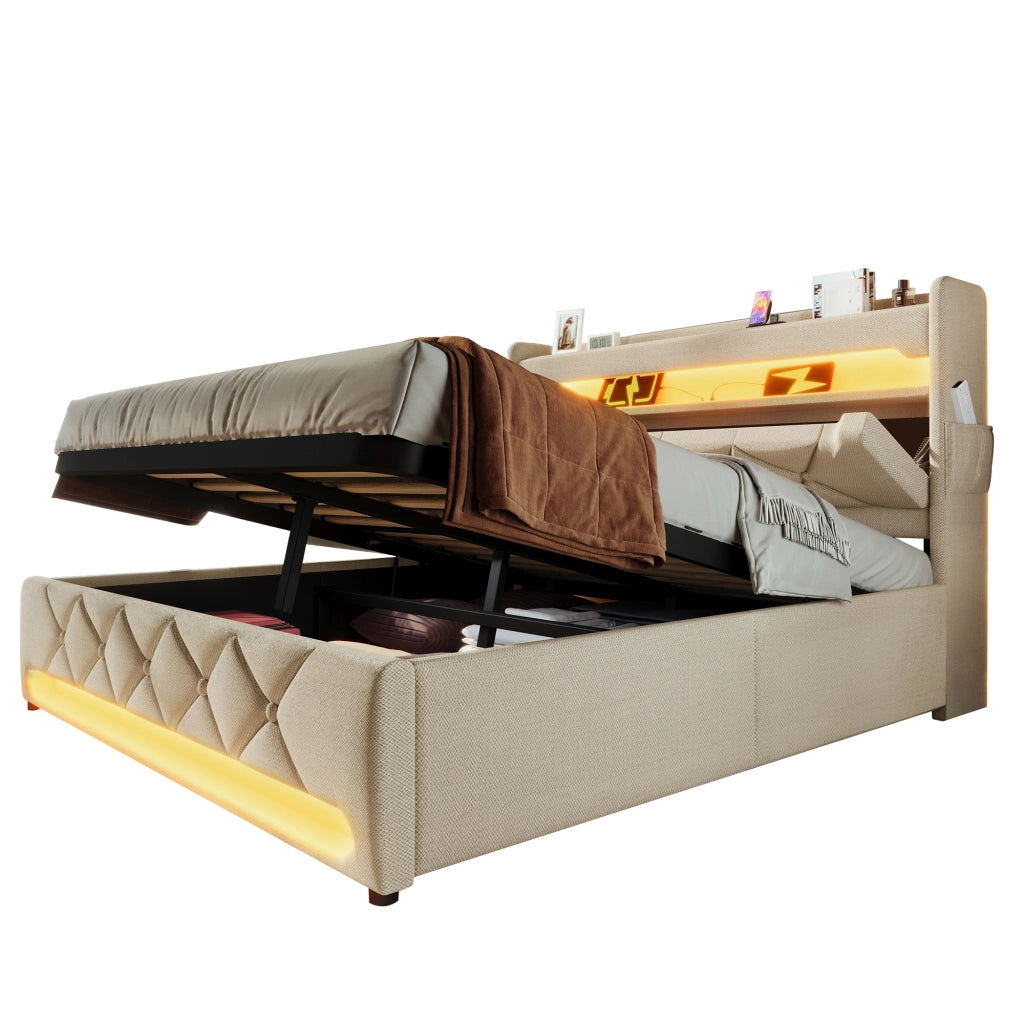 OKWISH Letto Contenitore 180×200 cm, Letto Matrimoniale con LED 360°, USB, Tipo C e Testiera con Contenitori, senza Materasso, in Lino, Beige