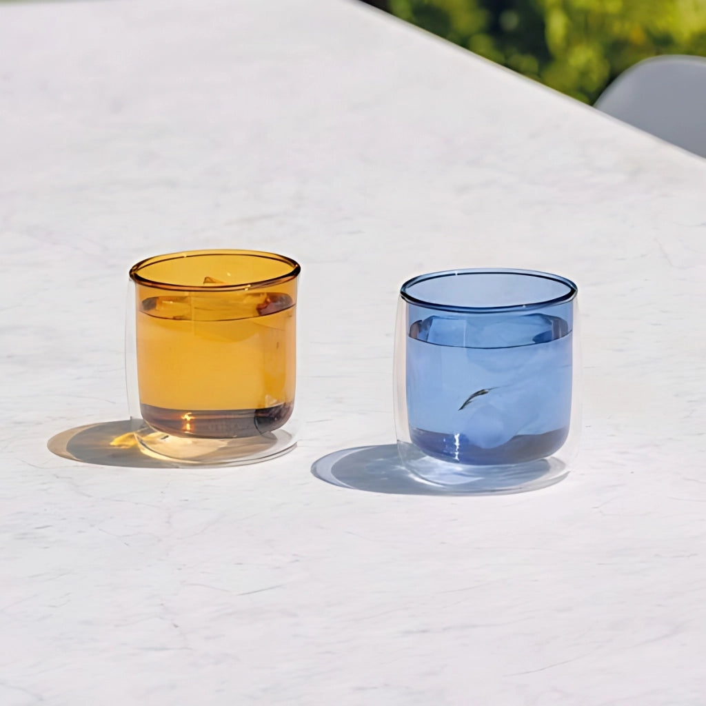 No Bilia Set 4 Bicchieri Tumbler in Vetro Borosilicato a Doppia Parete Trasparente e Bluino Design Contemporaneo Artigianale Elegante e Resistente