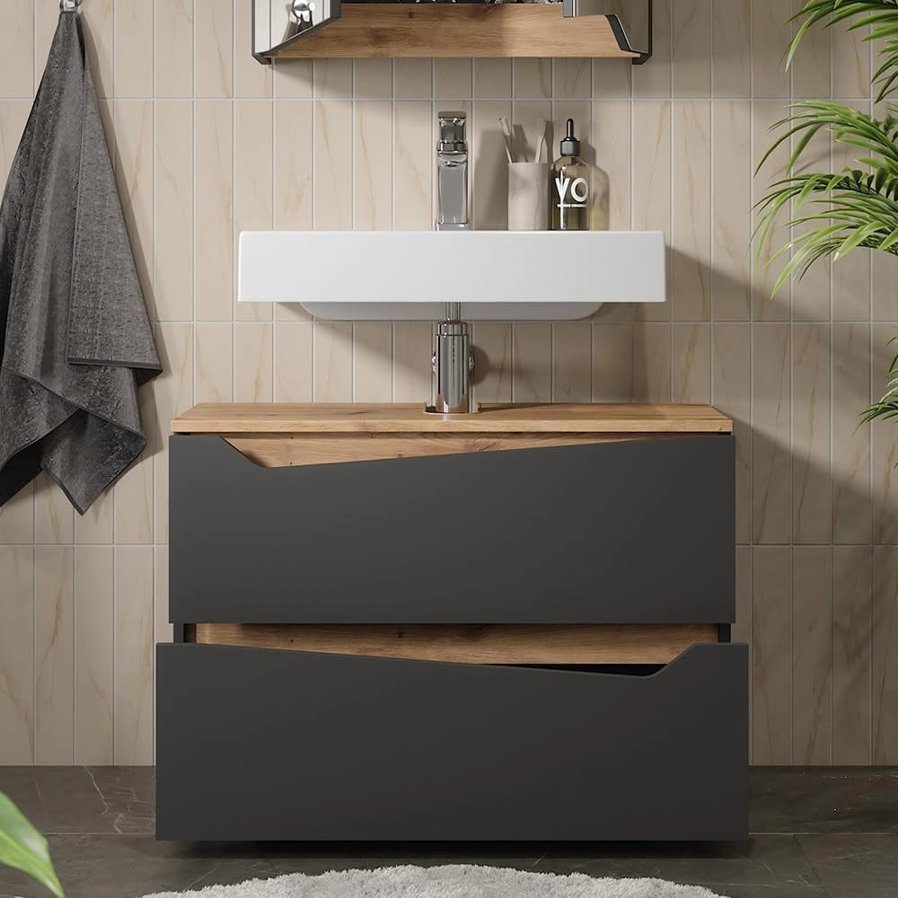 Mobile sottolavabo per bagno Marelle, Antracite/Artisan, 80 x 57.5 cm con 2 cassetti, adatto per l'installazione sotto lavabi standard