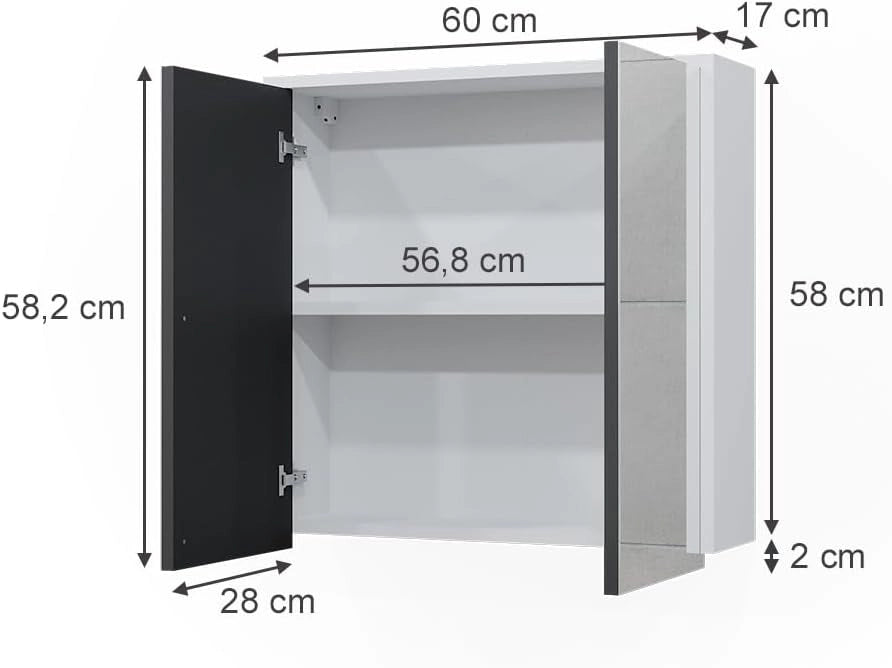 Specchio contenitore bagno Maltin, Bianco/antracite, 60 x 58 cm con due porte a specchio, con ritaglio per sifone e soluzione salvaspazio per il bagno