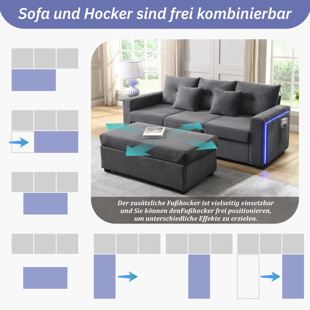 DIVANO modulare a L con pouf, LED, set 5 cuscini, corduroy grigio anticato