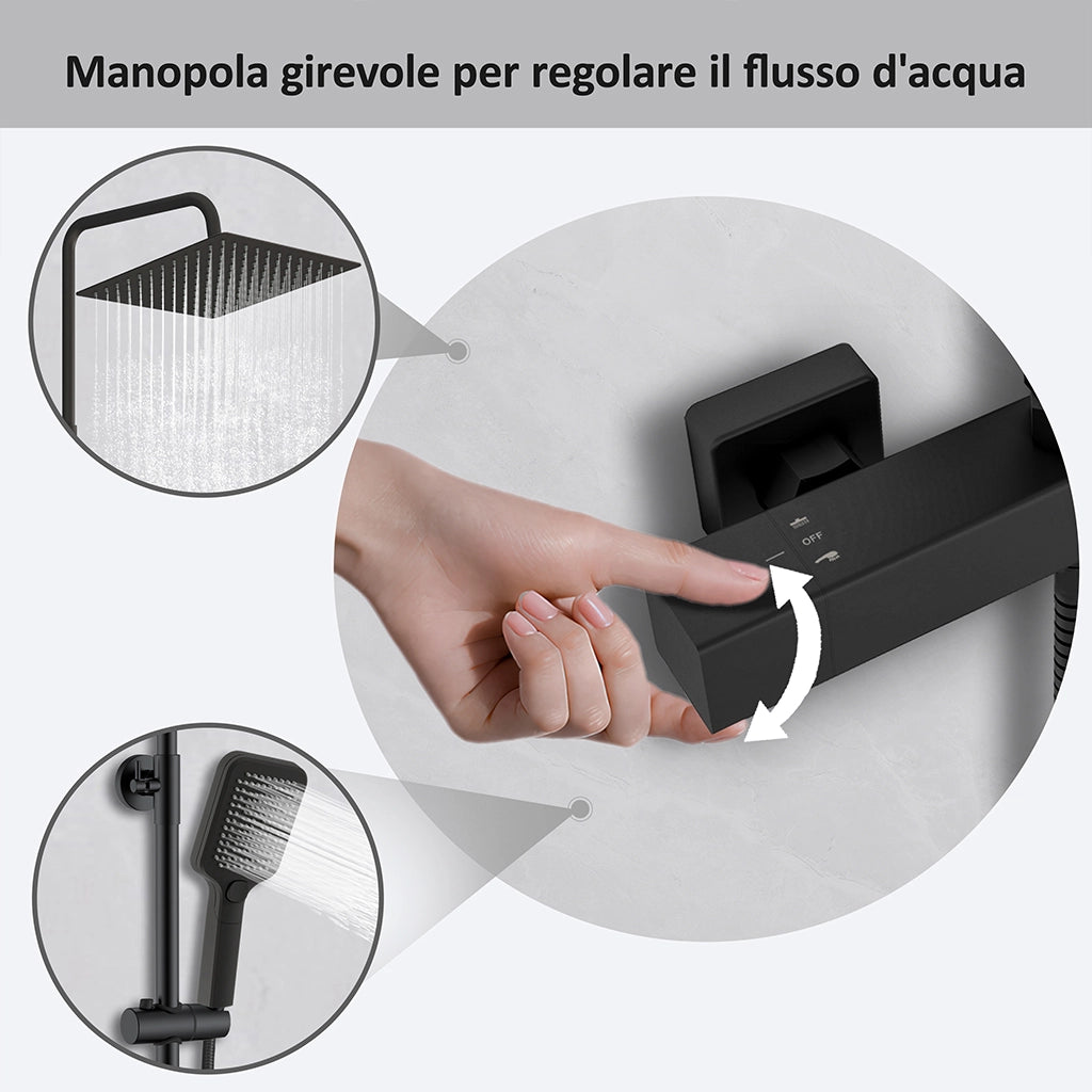 Colonna doccia idromassaggio AICA ITALY con rubinetto termostatico, soffione doccia a pioggia 30x30cm in acciaio inox, nero opaco