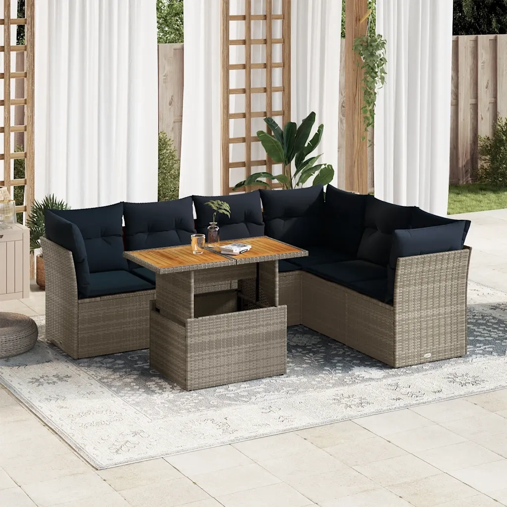 Set Divani da Giardino 7 pz con Cuscini Grigio in Polyrattan