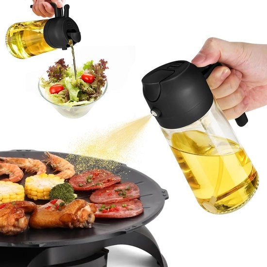 Olio per Cucina, 2-in-1 Fiala Olio, 470ml, Sicuro per l'Alimentazione, Per Spruzzare e Versare Olio, Fiala Olio per Cottura, Frittura, Grilling e Insalata