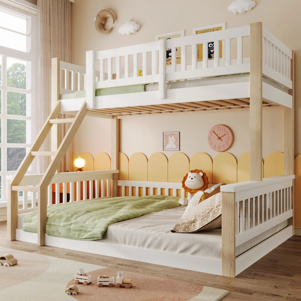 OKWISH Letto a Castello 90×200 cm e 140×200 cm, Letto 3 Posti con Scala e Sponde, senza Materasso, in Pino, Bianco e Naturale