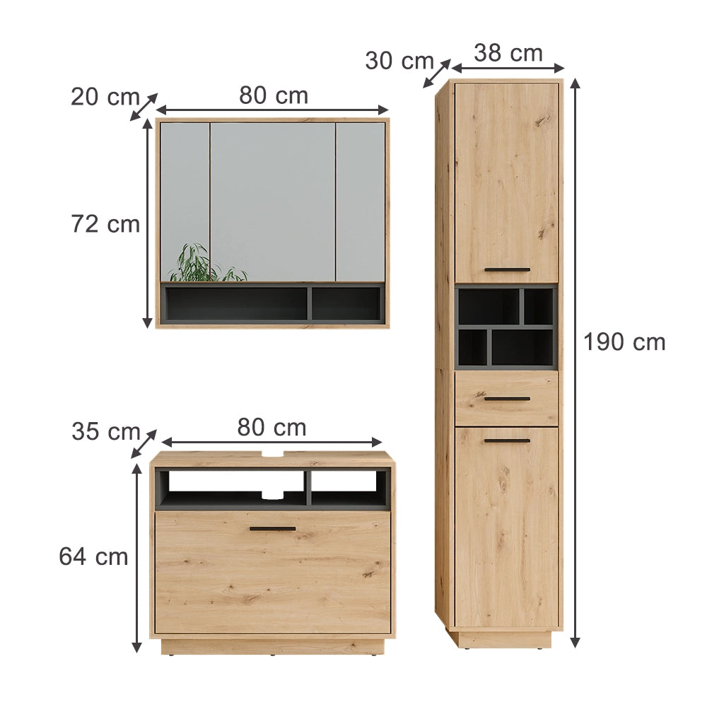 Vicco Set di mobili da bagno Rovere artigianale/antracite 3 parti con colonna