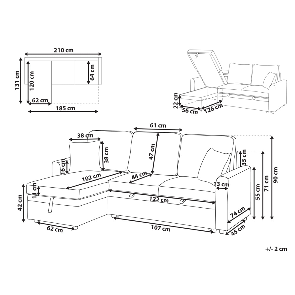 Divano letto angolare con contenitore lato destro nero rivestimento in poliestere effetto lino contenitore cuscini design moderno