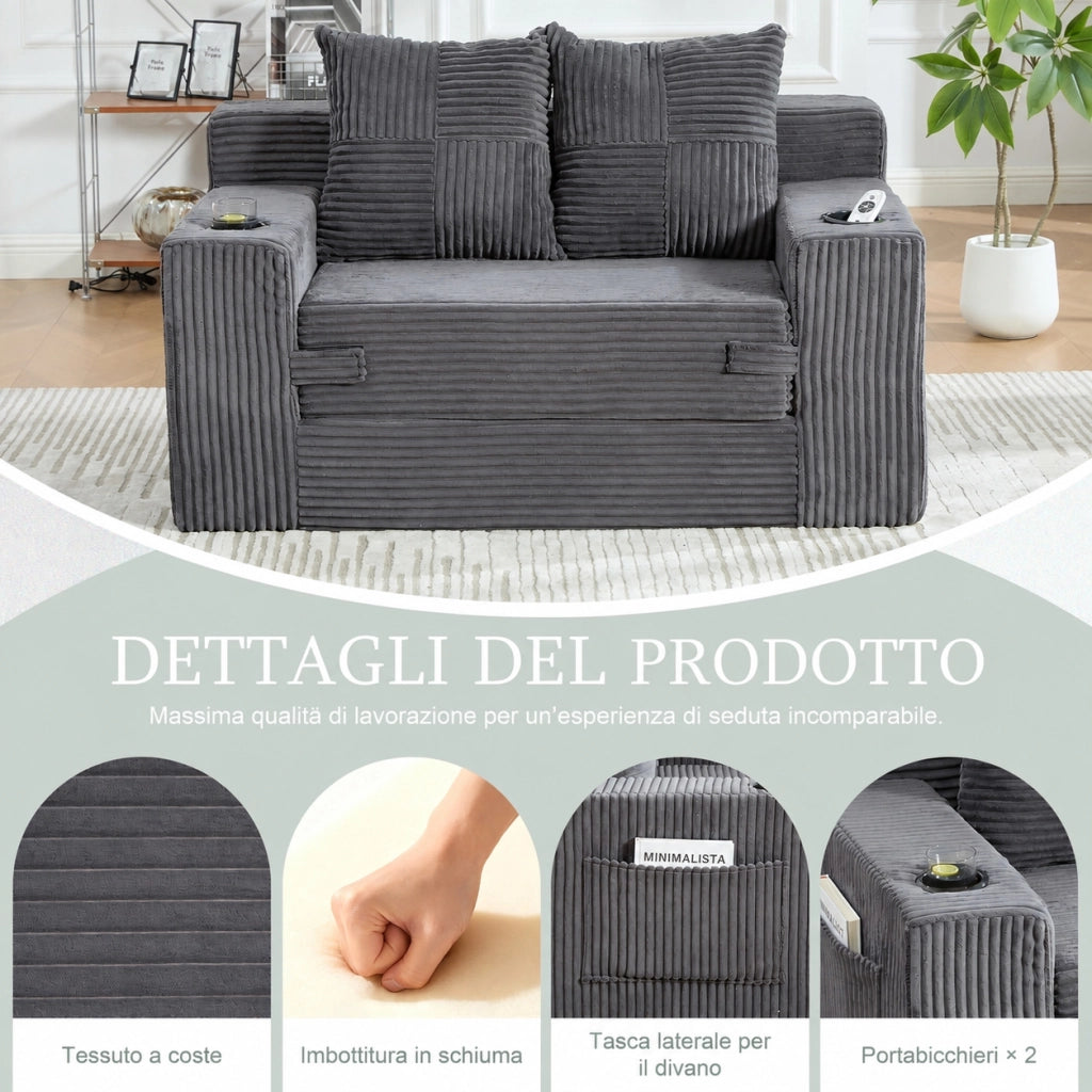 Divano letto matrimoniale due posti grigio in velluto a coste con portabicchiere