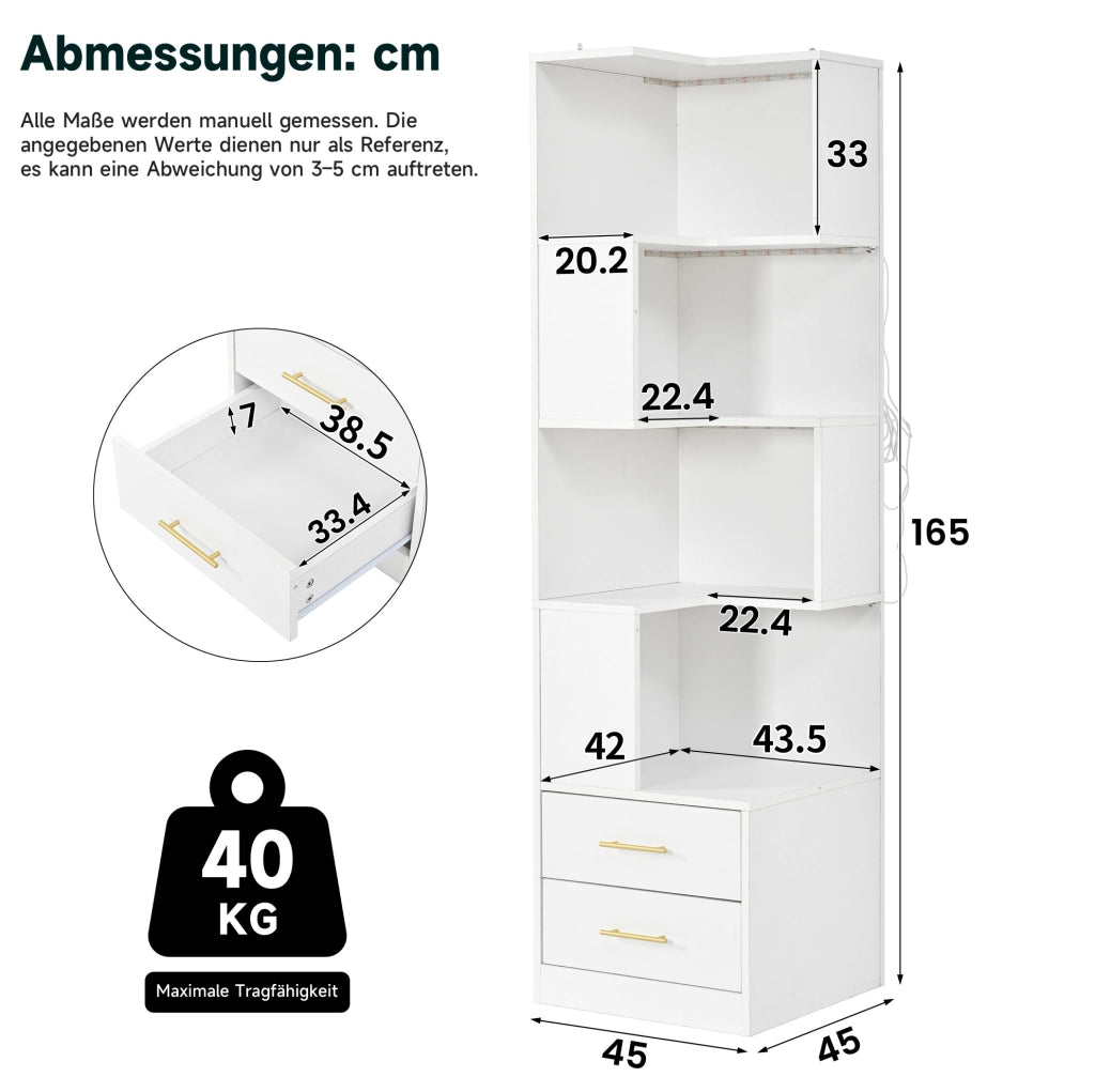 Scaffale angolare bianco 165 cm con LED e 2 cassetti