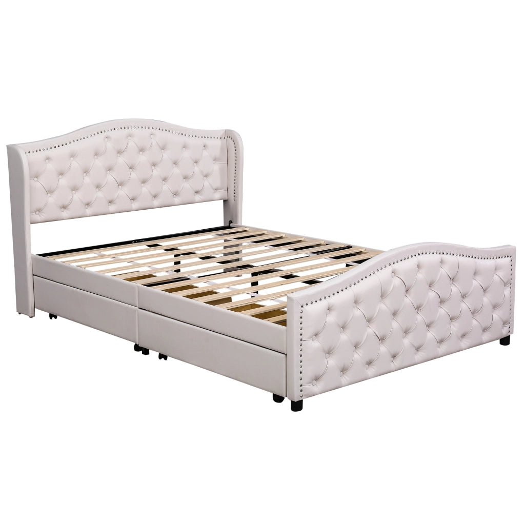 Letto matrimoniale 140x200 cm in PU bianco con rete a doghe; 2 cassetti e testiera Chesterfield