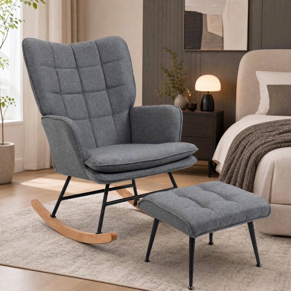 Sedia a dondolo 64x89x90 cm con poggiapiedi; schienale alto e imbottitura; poliestere grigio