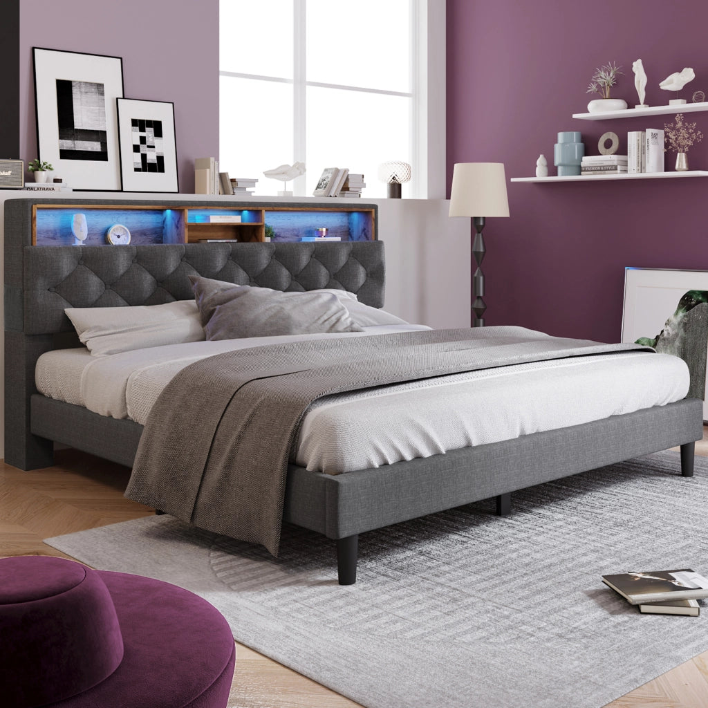 OKWISH Letto Contenitore 140×200 cm, Letto Matrimoniale con Testiera Contenitore, LED Regolabile e Scomparti, senza Materasso, Grigio