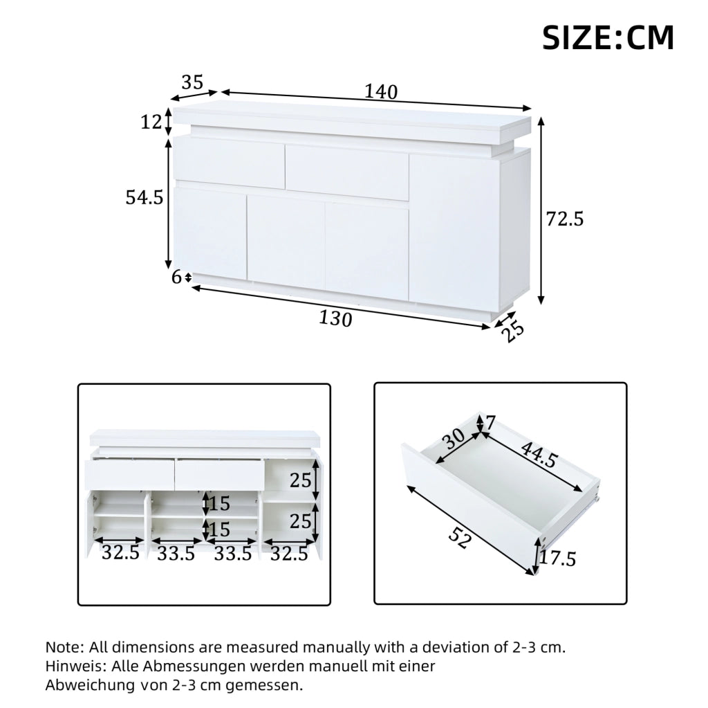 Sideboard moderno 140 x 35 x 72;5 cm in truciolare bianco lucido con LED e 2 cassetti