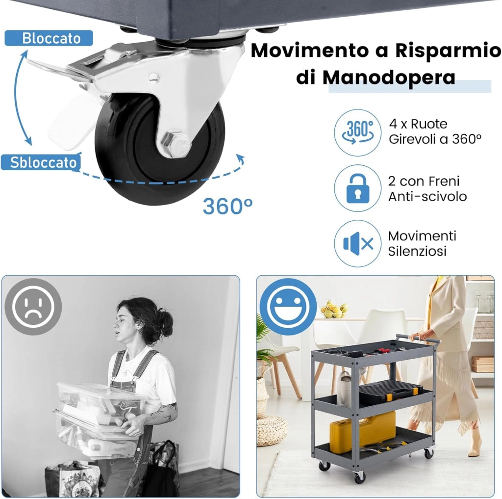 Carrello da Cucina con 3 Livelli, Carrellino Multifunzionale con Ruote Flessibili, Carrello di Servizio Resistente con Maniglia Comoda, Ideale per Ufficio Garage Magazzino Biblioteca (Grigio)