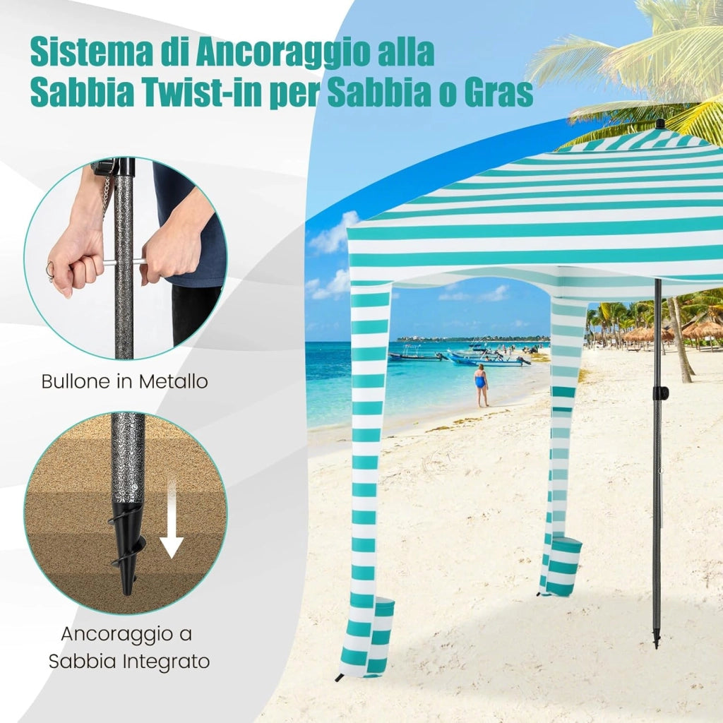 Tenda da Spiaggia Pieghevole 183 x 183 cm, Tenda da Mare con Borsa di Trasporto, Parete Removibile e 8 Tasche per Sabbia, per Spiaggia, Campeggio e Picnic (Verde e Bianco, 183 x 183 cm)