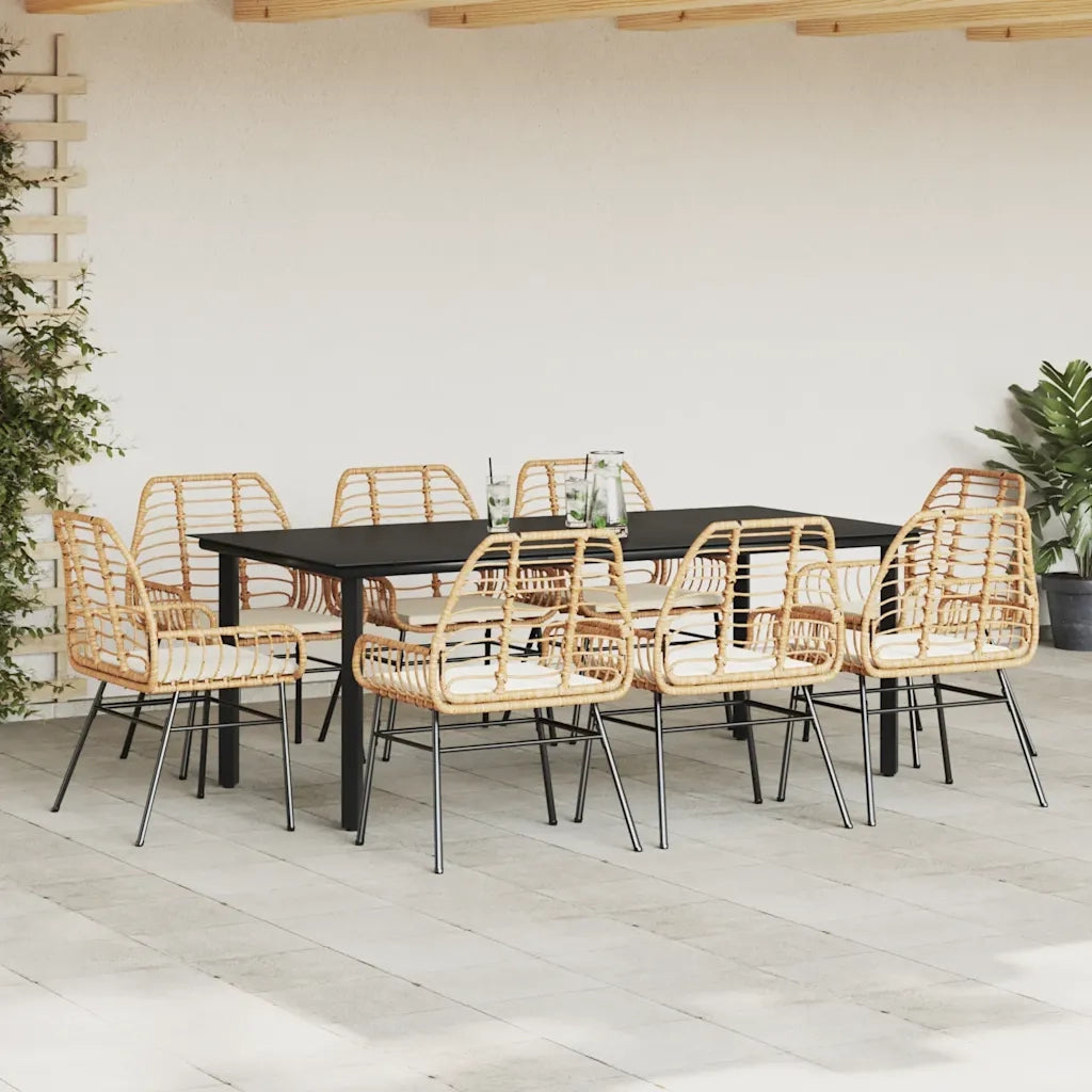 Set da Pranzo da Giardino 9 pz con Cuscini Polyrattan Vetro