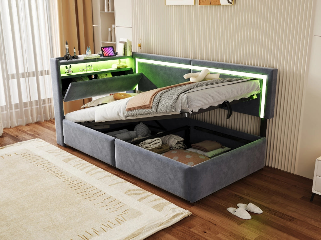 DESMIU Letto 90 × 200 cm 1 posto con LED, USB, contenitore idraulico e vano, senza materasso, velluto grigio