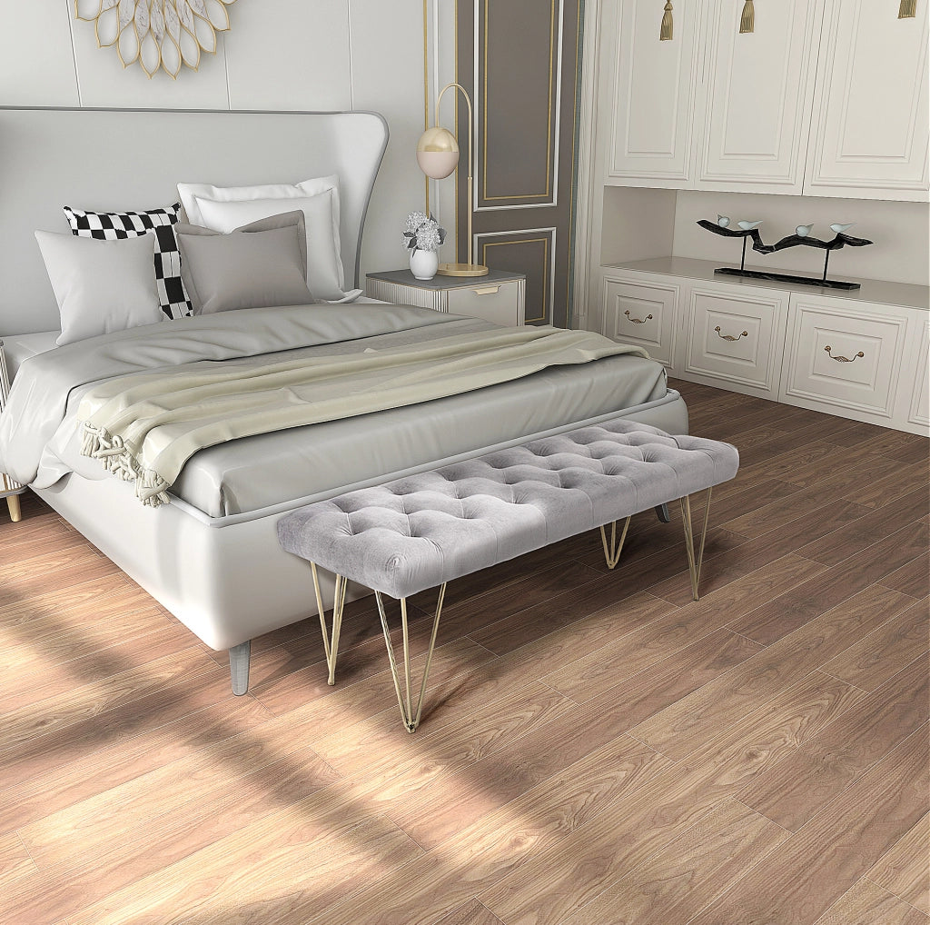 Panca da ingresso in velluto grigio 116 x 44,5 x 49 cm