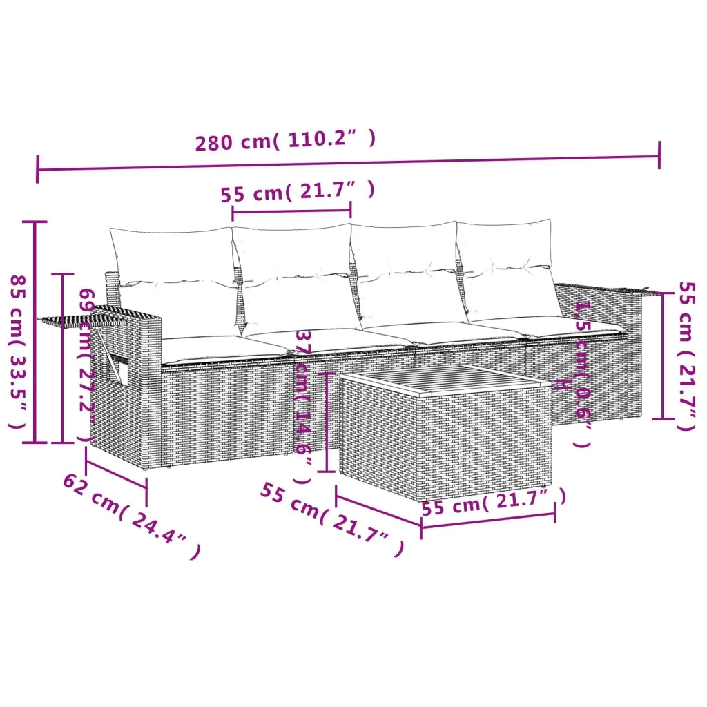 Set Divano da Giardino 5 pz con Cuscini Beige Misto Polyrattan