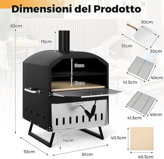 Forno per Pizza a Legna da Esterno da 40 cm, Bruciatore Pizza a 2 Strati con Pietra Quadrata, Pala per Pizza, Griglie da Cucina e Copertura, Forno Portatile per Campeggio, Giardino, BBQ