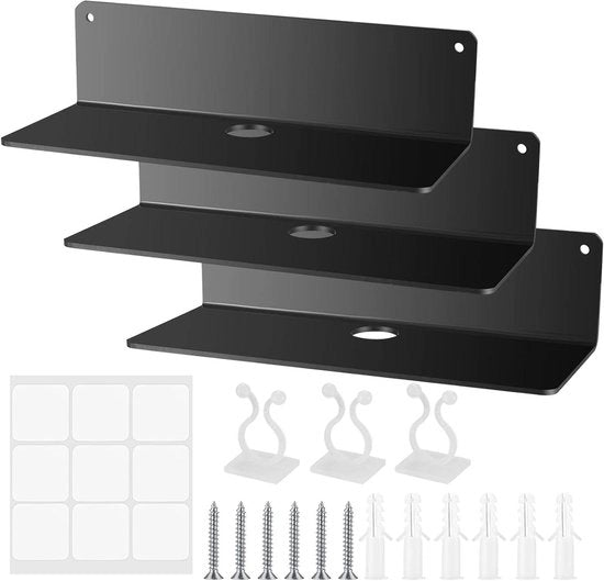 Pannello di supporto da parete oscillante nero acrilico senza fori per bagno, soggiorno, cucina con clip per cavi.