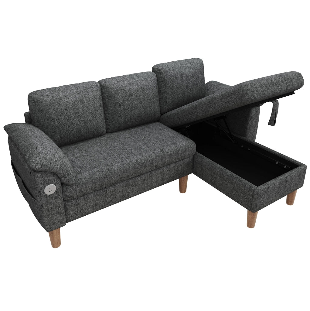 Divano angolare L 3 posti con chaise longue contenitore reversibile; USB e Type-C; grigio scuro