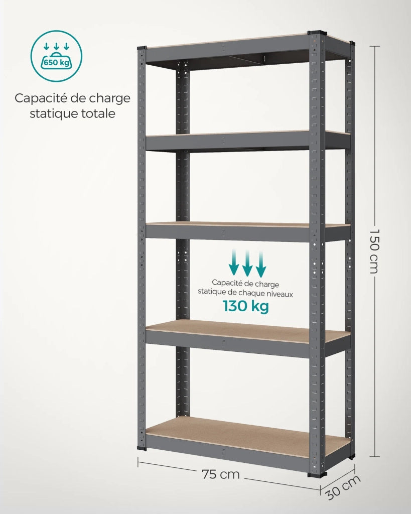 Scaffale per carichi pesanti a 5 ripiani 150 x 75 x 30 cm Carico totale 650 kg (130 kg/ripiano) Scaffale in stile industriale Ripiani regolabili per soggiorno Cucina Grigio 1 12_0005446