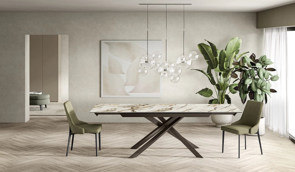 Tavolo Allungabile Cross 160-240x90 cm con Top in Ceramica Marmo Calacatta Borghini e Gambe in Metallo Verniciato Bronzo - Design Moderno