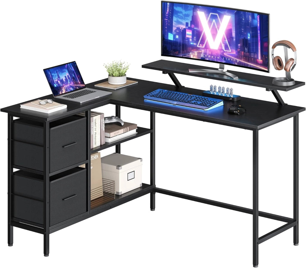 VASAGLE Scrivania per Computer a L, Scrivania ad Angolo con 2 Cassetti Spaziosi e Supporto per Monitor, Ripiano Regolabile, per Ufficio Studio, Bianco Acero LWD097W01