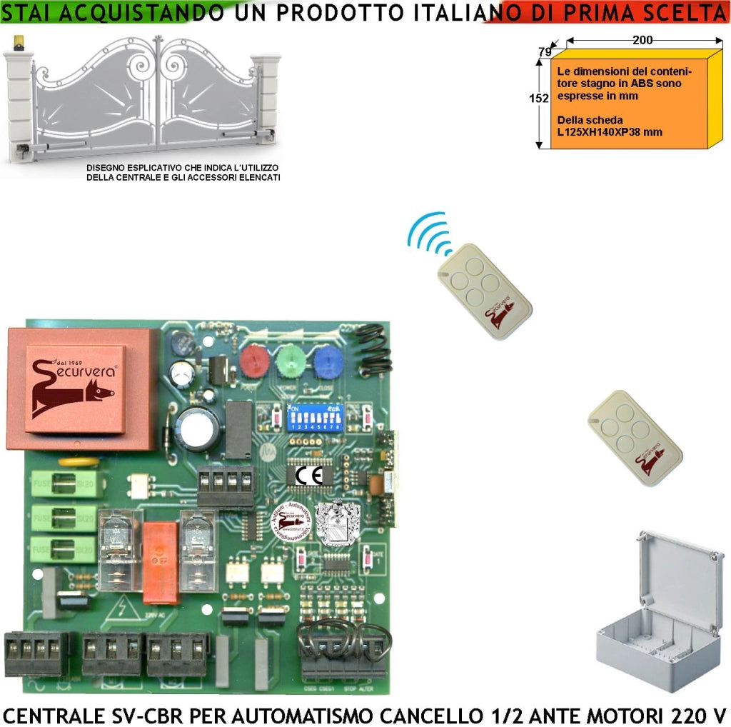 Quadro Elettronico Comando Cancello 2 Ante Battente 220 V 50 Hz Incorpora Ricevente Radio 433,92 MHz 2 Radiocomando Selezione Funzioni Apprende 254 Codici Univoci Regolazioni Tempi Forza Corsa e Rallentamenti Uscita Serratura