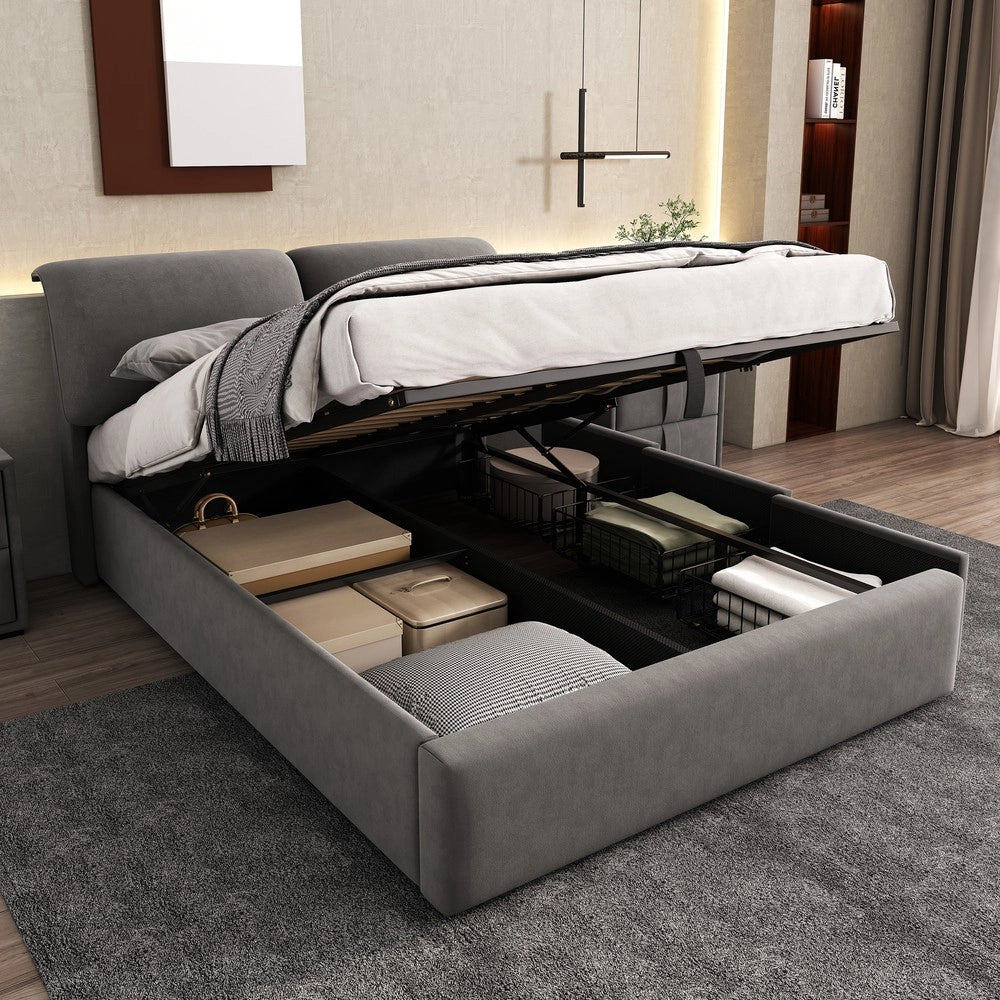 Letto Contenitore Imbottito con Testiera ¨C MINIMAL ¨C Velluto Grigio 140x200 cm