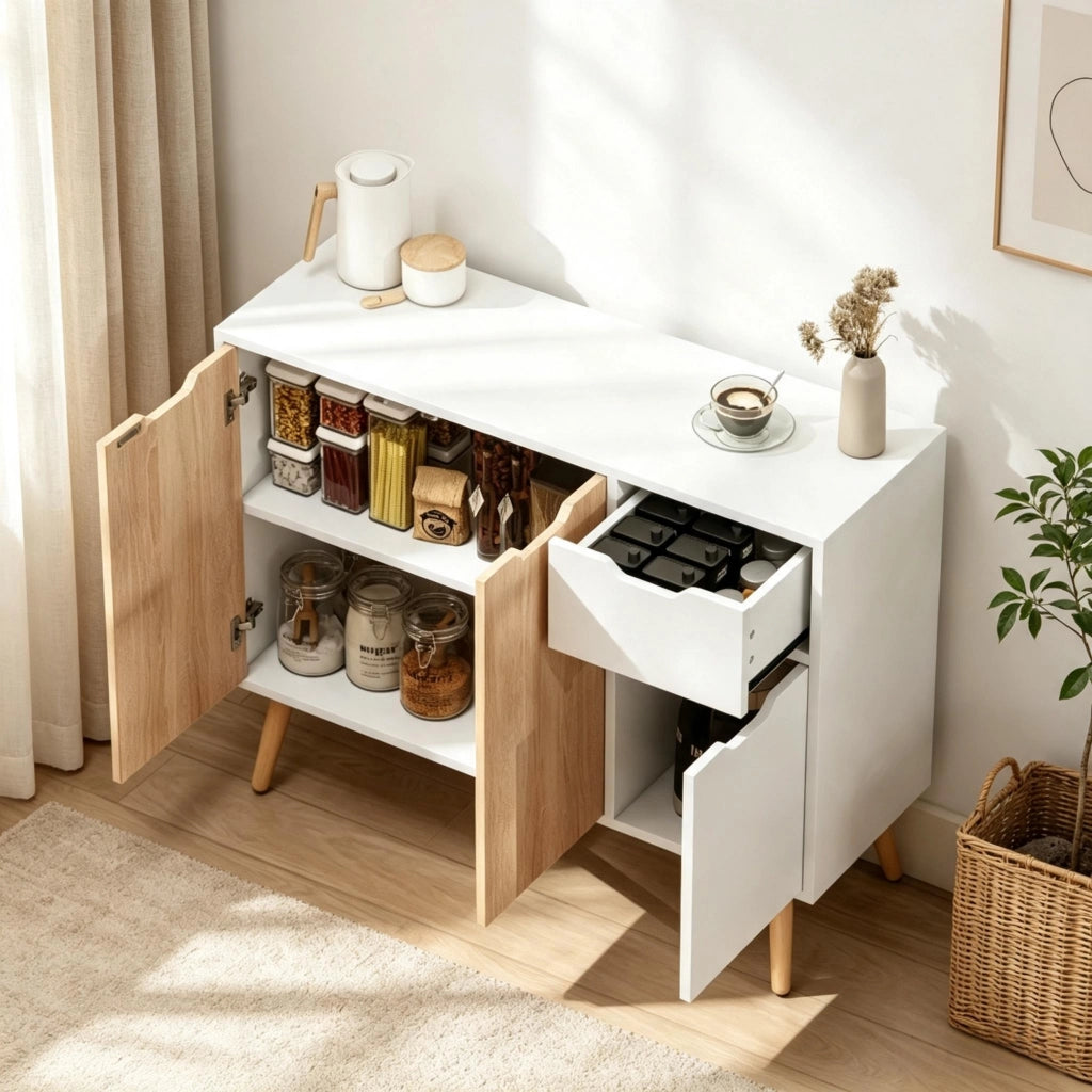 Credenza di design scandinavo, credenza con cassetti e ante, mobile da ingresso, cassettiera