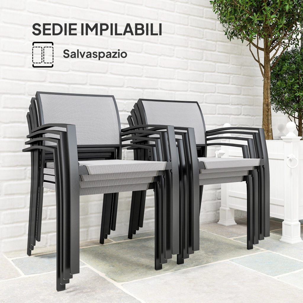 Set da Giardino con Tavolo da Pranzo Rettangolare e 8 Sedie Impilabili con Braccioli Grigio
