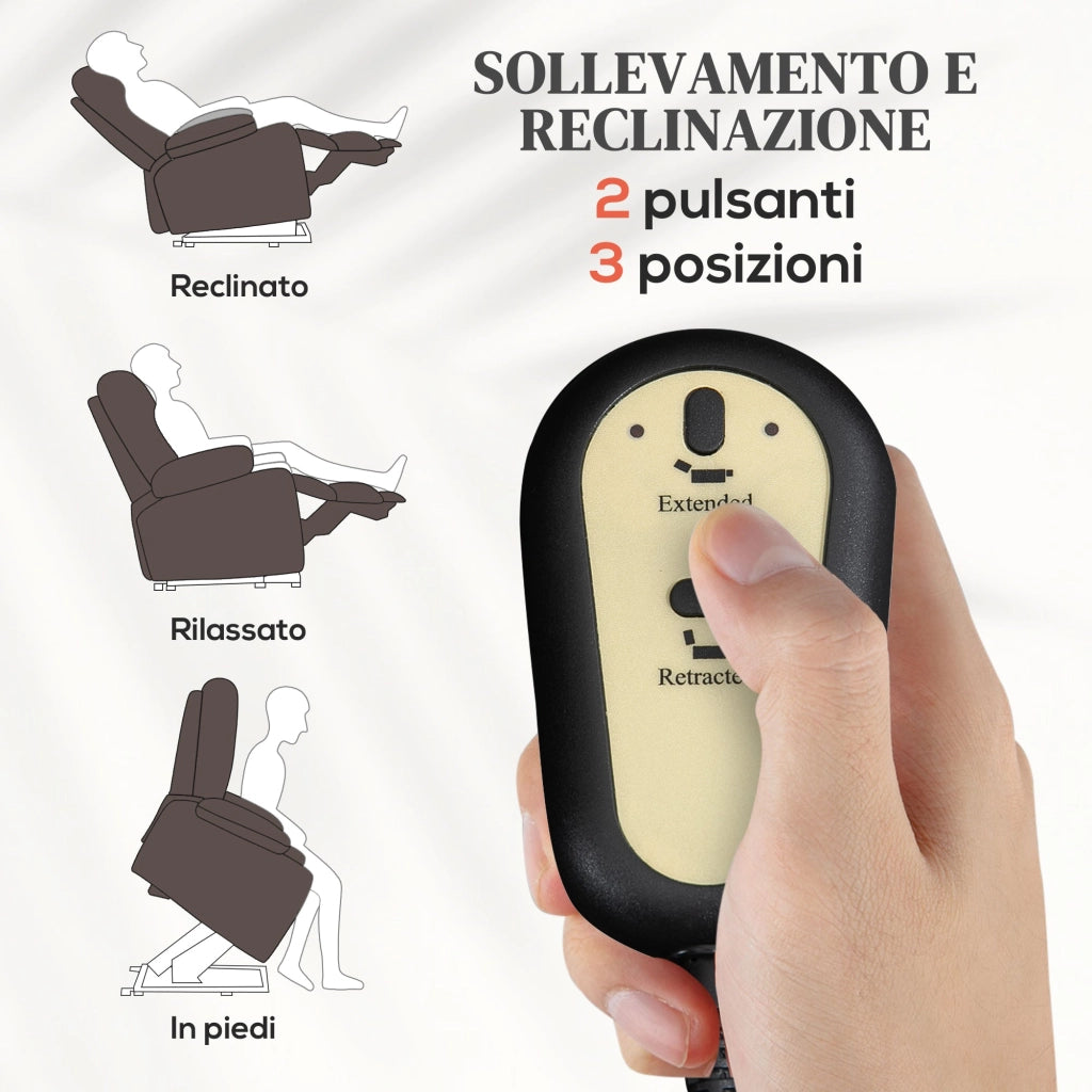 Poltrona Alzapersona Reclinabile 1 Motore con 8 Punti Massaggio 67x89x102 cm Riscaldamento e 2 Telecomandi Marrone