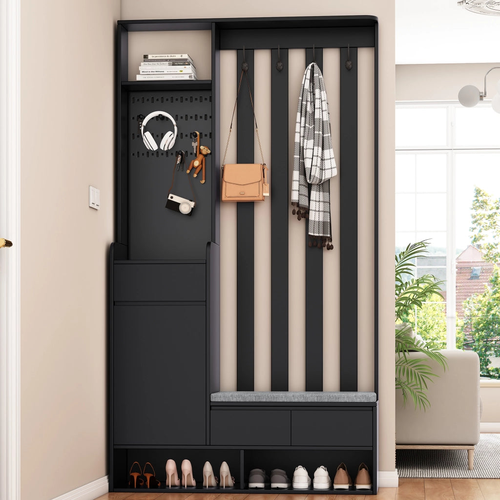 Mobile d'Ingresso con Panca Imbottita; Pannello Forato; 4 Ganci e 1 Cassetto; Stile Moderno; in MDF; 100??35??180 cm; Nero