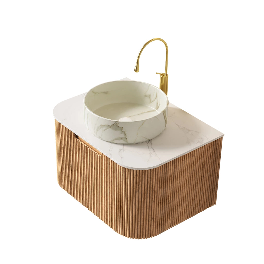 Mobile sottolavabo da bagno con 1 cassetto soft-close e lavabo in ceramica, bianco e legno naturale, 61 × 48 × 49,1 cm