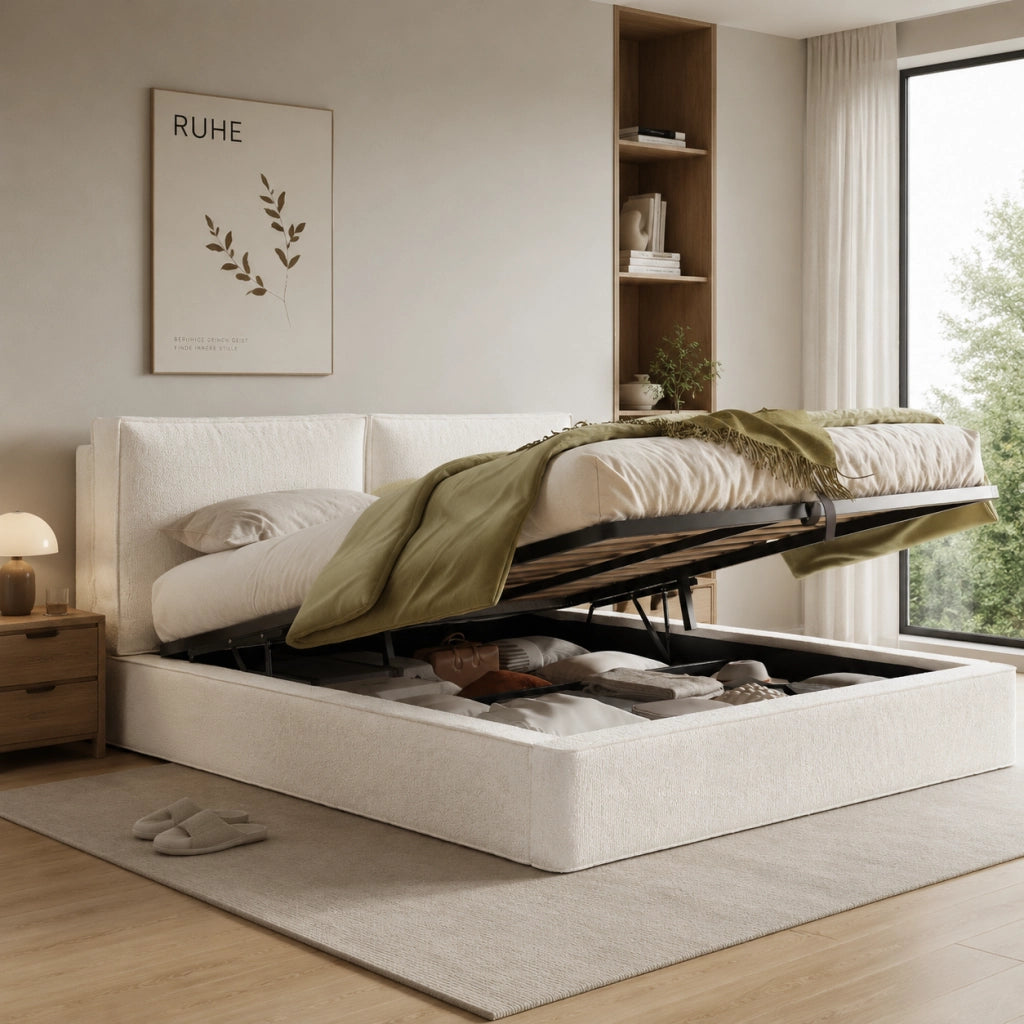 Letto matrimoniale imbottito 180x200 cm con contenitore idraulico e rete a doghe, bouclé beige