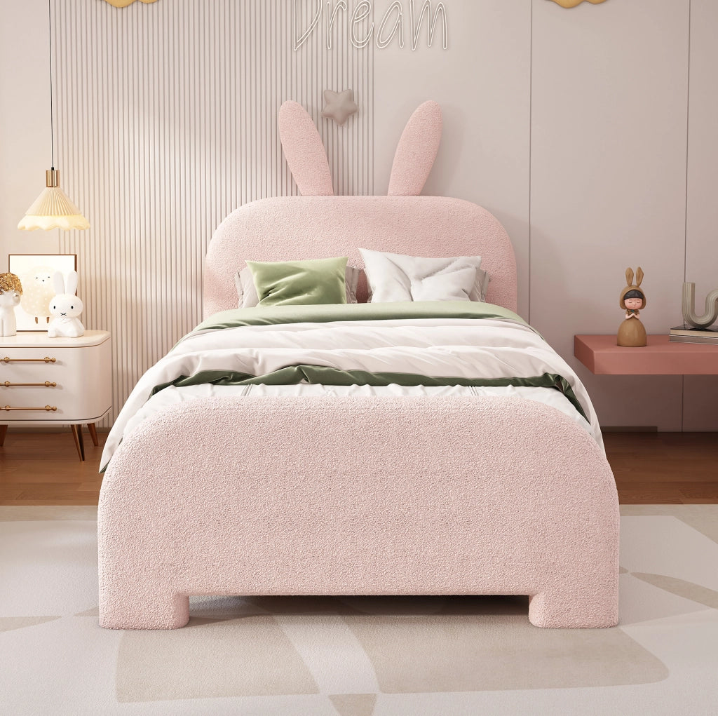 Letto 90x200 cm con 2 cassetti; testiera a coniglio; MDF e tessuto peluche rosa