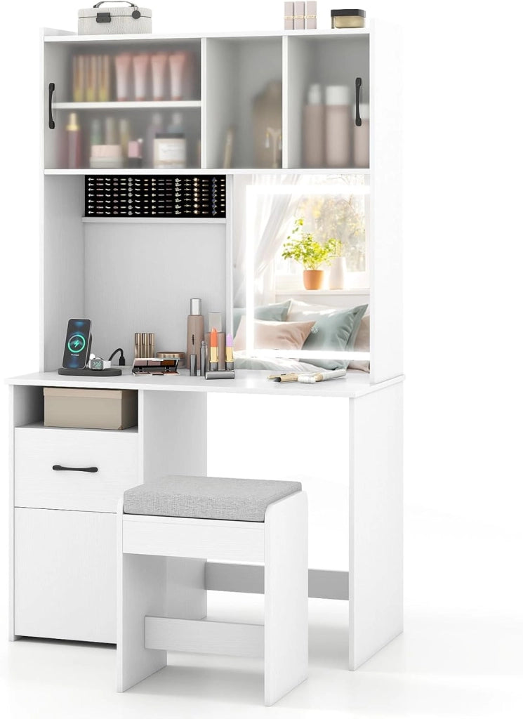 Tavolo da toeletta con illuminazione a LED e sgabello, tavolo cosmetico con presa integrata, specchio intelligente e spazio di archiviazione, tavolo da toeletta in legno
