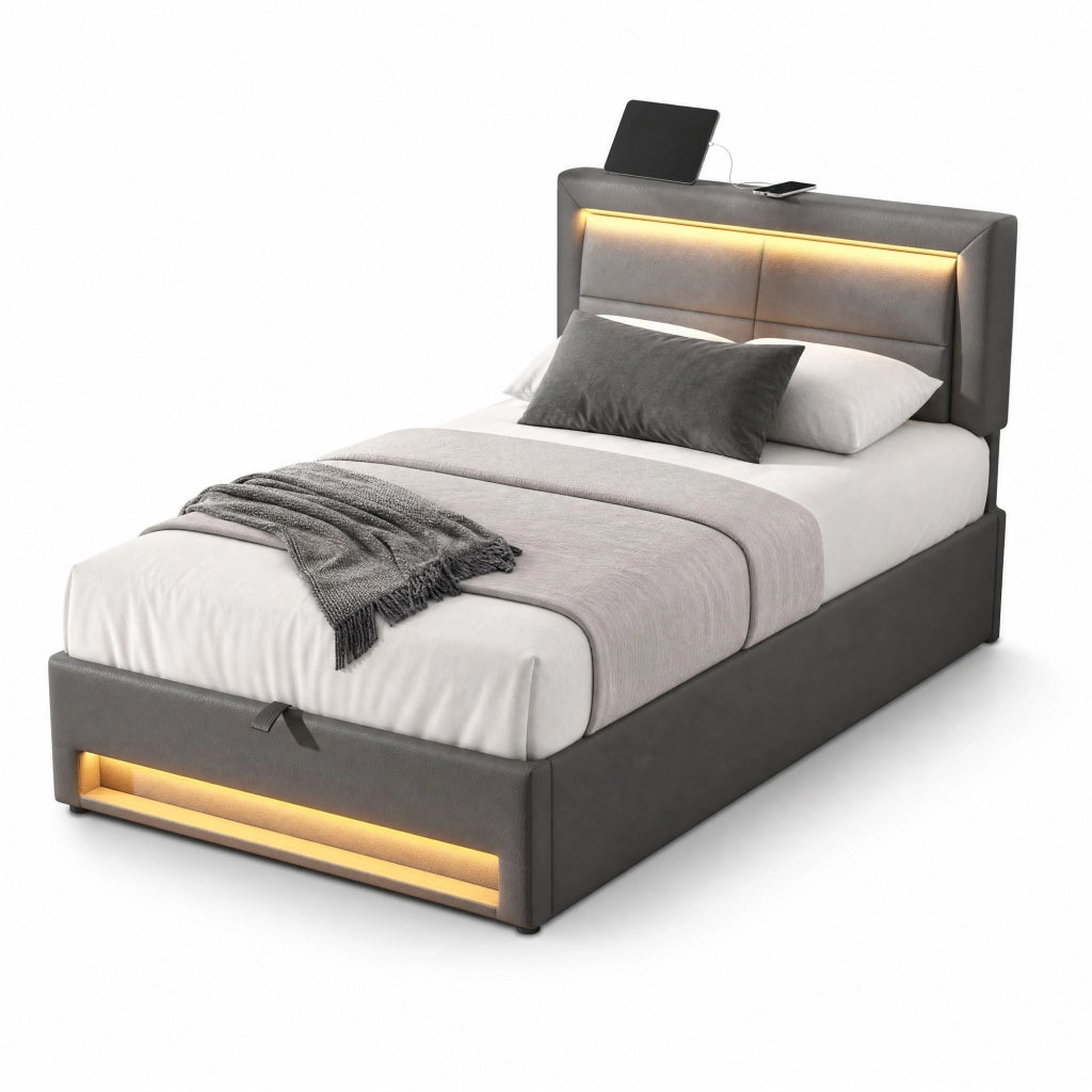Letto imbottito 90x200 cm in PU grigio con USB; LED e contenitore; senza materasso