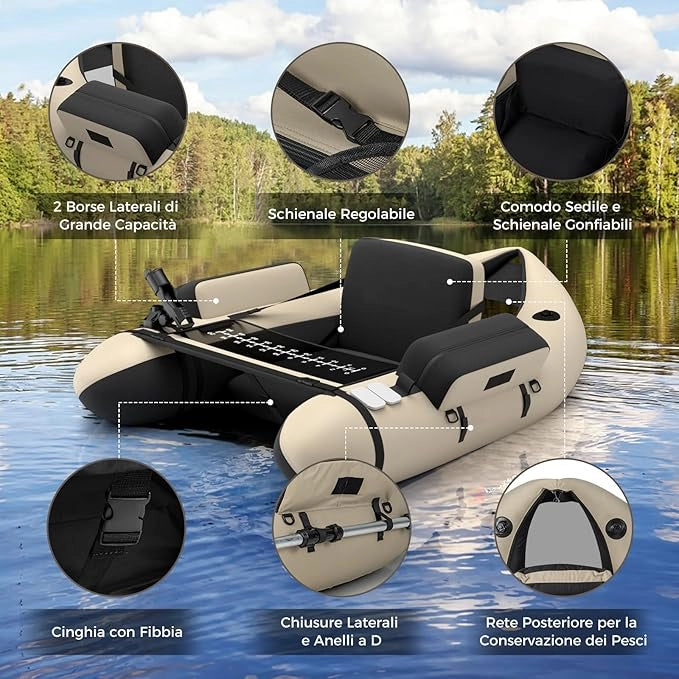 Belly Boat da Pesca Portatile, Gommone Gonfiabile da Pesca con Porta Canne Regolabile, Pompa, Pagaia in Alluminio, Spallacci e Kit di Riparazione, Barca da Mare con 2 Pinne, capacità 160kg