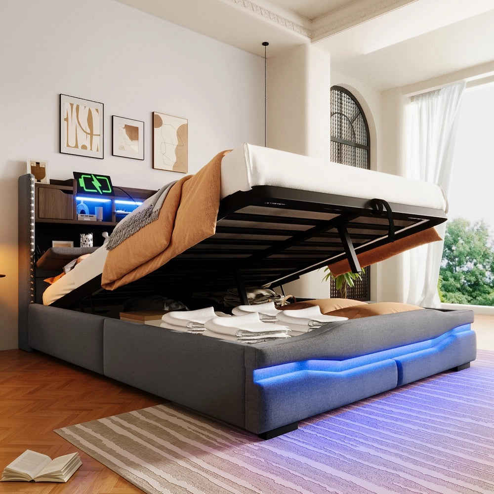 Letto Imbottito Contenitore con LED e USB ¨C MINIMAL ¨C Grigio 140x200