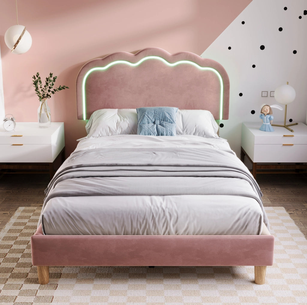 Letto imbottito singolo 90x190 cm in velluto rosa con testiera LED regolabile