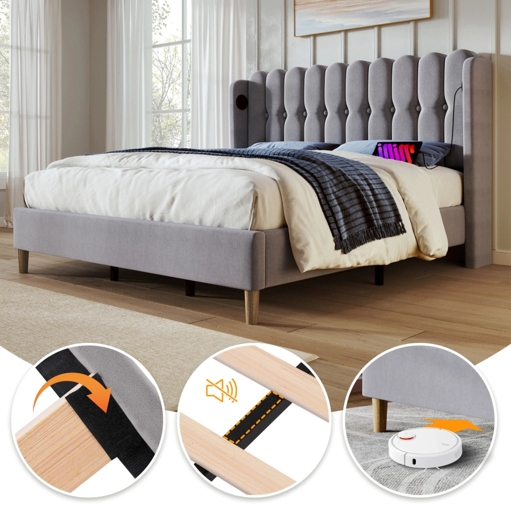 Letto matrimoniale imbottito grigio con USB-C 160 x 200 cm