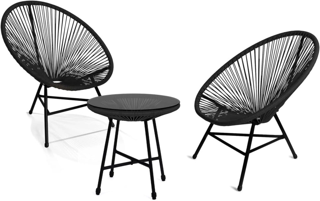 Set di mobili da Giardino Izmir Tavolo e 2 poltrone Uovo in Corda Nera