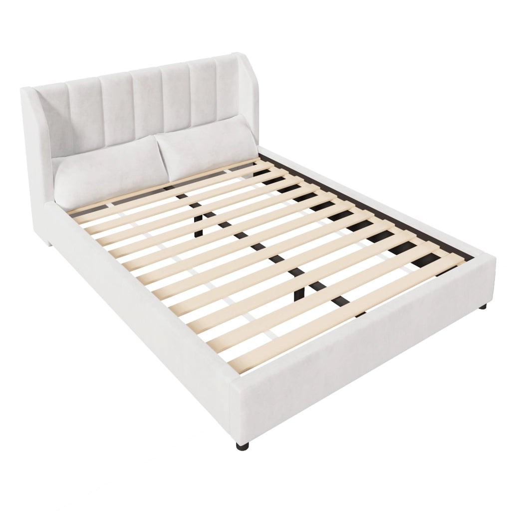 Letto Matrimoniale 140 x 200 cm con rete a doghe; testiera imbottita e 2 cuscini Beige